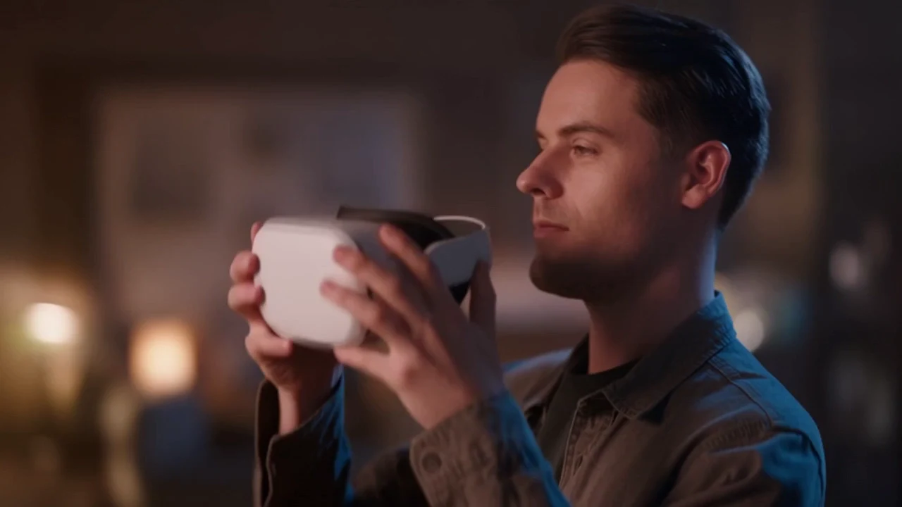 Un homme tient un casque de réalité virtuelle avant de le mettre.